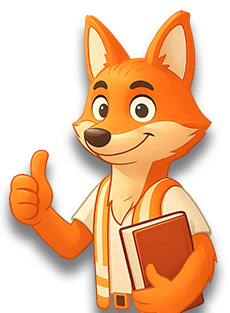 Comic Fuchs mit Warnweste hält Buch und zeigt Daumen nach oben