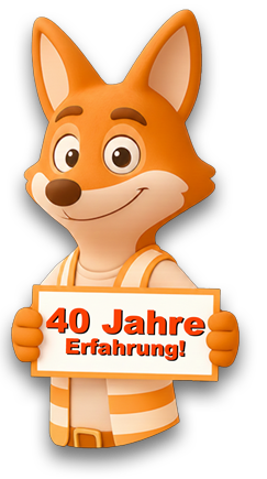 Baustellenfuchs mit Warnweste hält Schild 40 Jahre Erfahrung